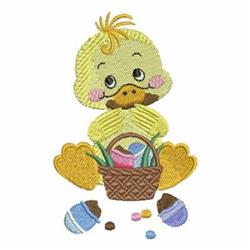 Cute yellow duckling with rosy cheeks sitting in a brown basket filled with colorful Easter eggs, perfect for festive decorat