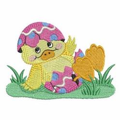 Cute yellow duckling resting on green grass, nestled in a pink decorated egg. Perfect for Easter celebrations.