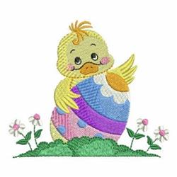 Playful yellow duckling holding a colorful Easter egg, surrounded by green grass and small white flowers.
