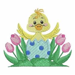 Playful yellow duckling in blue polka-dotted eggshell, surrounded by pink tulips and green grass, for Easter.