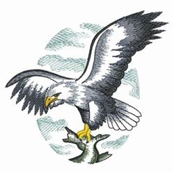 Realistic eagle in flight with detailed gray and white feathers, perched on a branch against soft clouds.
