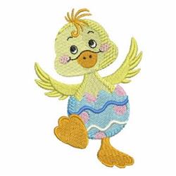Playful cartoon duck in yellow, resembling an Easter egg with blue and pink stripes, smiling brightly.