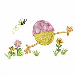 Whimsical decorated Easter egg with pink top, golden-yellow bottom, stick legs, and surrounded by flowers and a bee.
