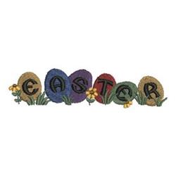 Playful Easter eggs with the word 'EASTER', surrounded by flowers and grass, in vibrant colors.