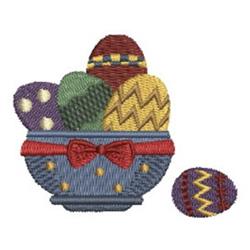 Bowl of decorated Easter eggs with vibrant hues, zigzag patterns, and a red ribbon, perfect for festive spring celebrations.