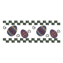Three colorful Easter eggs with intricate purple, red, and gold patterns, framed by a green checkered border.