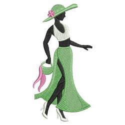 Elegant female figure in a green dress and wide-brimmed hat, holding a handbag with pink ribbon, perfect for summer.