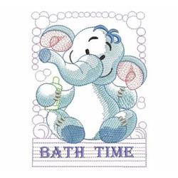 Applique elephant bath accessory in playful blue with pink accents, surrounded by bubbles and 'BATH TIME' text.