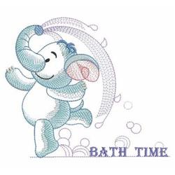 Playful blue elephant with water splashes and bubbles, joyfully enjoying bath time in this vibrant design.