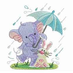 Playful purple elephant with a blue umbrella and bunny on green grass, featuring cheerful raindrops, spring atmosphere.