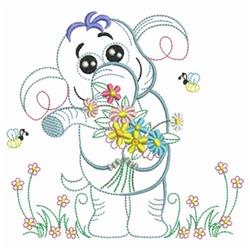 Whimsical elephant with a bouquet of colorful flowers, surrounded by buzzing bees in a spring scene.