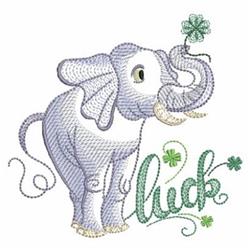 Playful elephant with a raised trunk surrounded by clovers and the text 'luck', perfect for St. Patrick's Day.