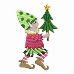Whimsical elf in pink and green outfit carries a colorful Christmas tree topped with a star. Perfect for festive embroidery.