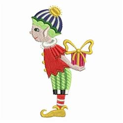 Whimsical elf with colorful costume, red and green stripes, holding a vibrant gift box for the holiday season.