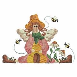 Whimsical fairy with angel wings sitting among colorful flowers, surrounded by buzzing bees in spring.