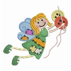 Playful fairy with colorful wings joyfully holding red buttons and scissors, perfect for machine embroidery.