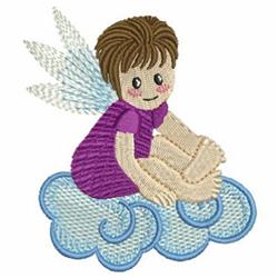 Fairy with brown hair and white wings sits on a fluffy blue cloud in a cartoonish style, perfect for fantasy themes.