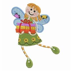 Playful fairy with orange hair and blue wings holds colorful gifts, featuring vibrant buttons on her dress for birthdays.