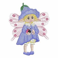 Whimsical fairy with blonde hair in a purple dress, pink butterfly wings, holding a ladybug. Perfect for playful embroidery.