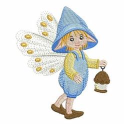 Whimsical fairy character with yellow hair, blue hat, overalls, and delicate wings holding a lantern.