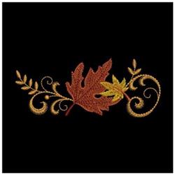 Quilting design featuring fall leaves in vibrant red and gold, swirling vines, and an elegant black background.