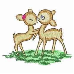 Playful fawns with a pink flower in ear, surrounded by green grass in a whimsical cartoon style.