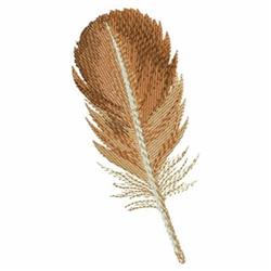 Realistic brown feather with intricate stitching, highlighted light tan shaft, elegant design for decorative applications.