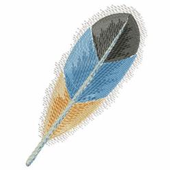 Realistic feather in blue, black, and yellow gradient with fine detailing and textured outline.
