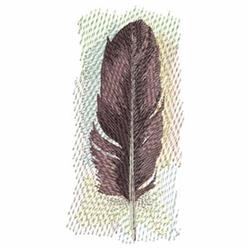 Realistic embroidery feather in rich brown and purple, detailed against a textured pastel background.