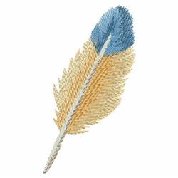 Realistic feather in soft blue and golden yellow hues, showcasing intricate texture and details.