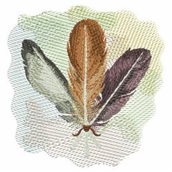 Intricate embroidery of three overlapping feathers in brown, dark purple, and light gray with a soft gradient background.