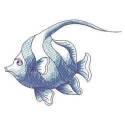 Playful fish with flowing fins in soft blue tones, featuring a simple expression and whimsical style.