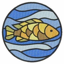 Colorful fish swimming in waves within a circular frame, featuring bold outlines and vibrant hues.