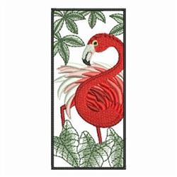 Colorful applique flamingo amidst detailed green leaves, set against a white background, vibrant and tropical.