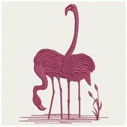 Modern flamingo in pink hues standing on long legs, with water lines and a small plant beneath.