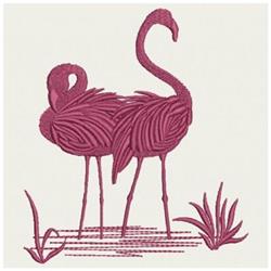 Whimsical flamingo machine embroidery in rich magenta, with stylized grass and water lines below.