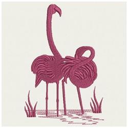 Elegant flamingos in pink hues standing by water, with subtly integrated grasses in simple embroidery style.
