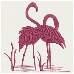 Stylized embroidery of two pink flamingos with detailed feathers, grasses, and subtle water reflection.