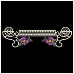 Decorative floral border featuring purple flowers and intricate ornamental edges, elegant design on a black background.