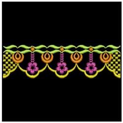 Floral border design featuring vivid purple flowers, curved green and yellow lines on a black background.