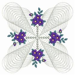 Floral design with intricate purple flowers and green leaves, featuring delicate curved lines in an ornate style.