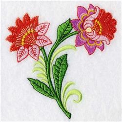 Vibrant floral composition with detailed red and pink flowers and lush green leaves, perfect for decorative use.