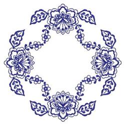 Traditional floral embroidery featuring deep blue flowers, lush leaves, and swirling vines in a circular arrangement.