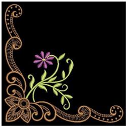 Elegant floral corner design featuring a purple flower, green leaves, and ornate brown border.