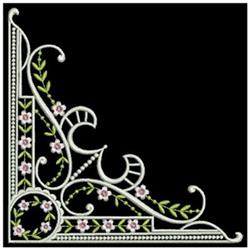 Floral corner design featuring delicate pink flowers and swirling white vines on a black background, perfect for quilting.