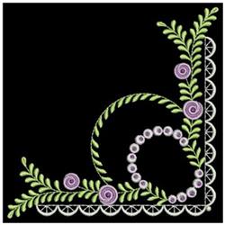 Floral corner design features intricate purple roses, green leaves, and elegant lace details on a black background.