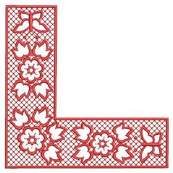 Elegant decorative corner design features red flowers and leaves against a geometric pattern.
