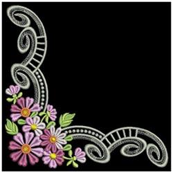 Floral corner design with soft pink and yellow flowers, swirls, and green leaves on a black background.
