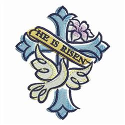 Traditional floral cross design with a light blue and cream palette, dove, and 'HE IS RISEN' banner for Easter.