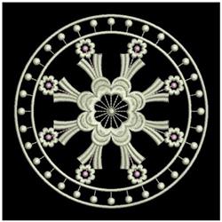 Circular floral design featuring intricate symmetrical patterns and delicate beaded details in soft whites and purples.